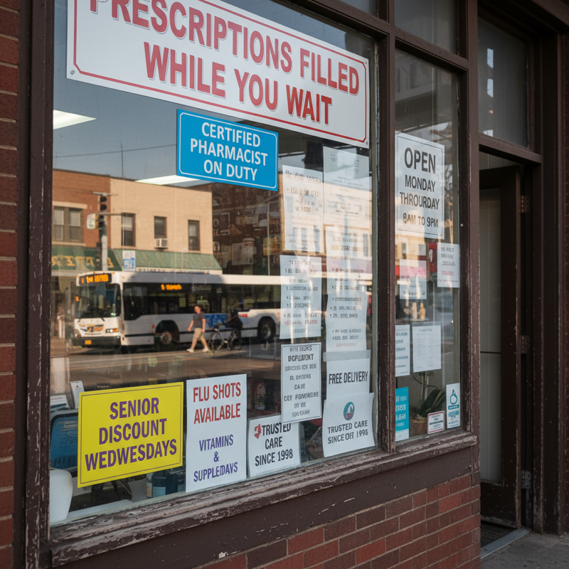 AI text failure: pharmacy with garbled small text on signs AI generated pharmacy storefront with garbled small text on window signs — WEDNESDAYS becomes WEDJWESDAYS in AI image
