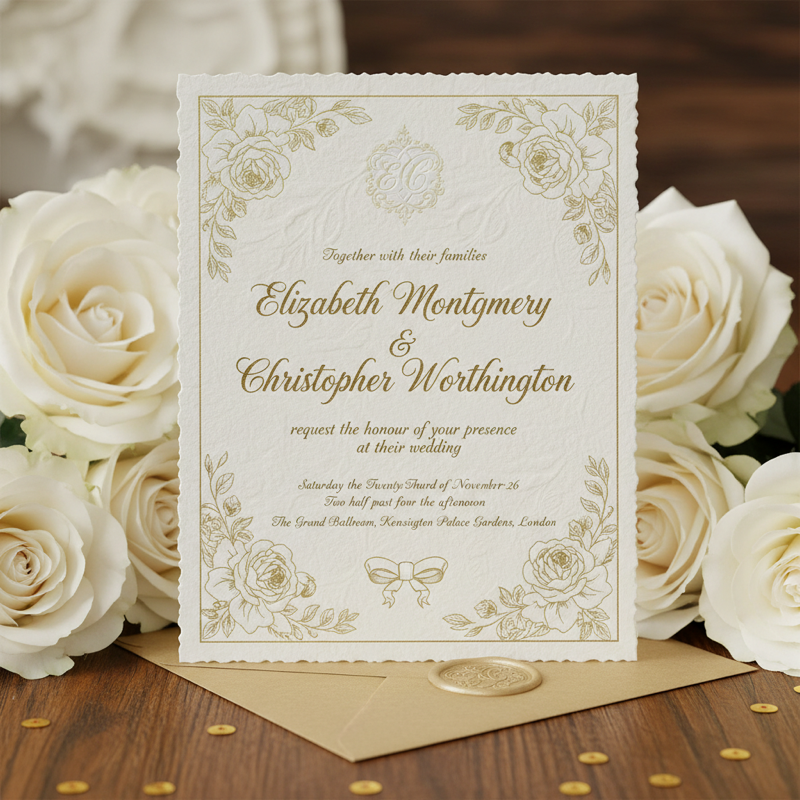 AI text failure: wedding invitation misspells the couple's names AI generated wedding invitation with misspelled names — MONTGOMERY becomes MONTGOMREY showing AI calligraphy text rendering failure